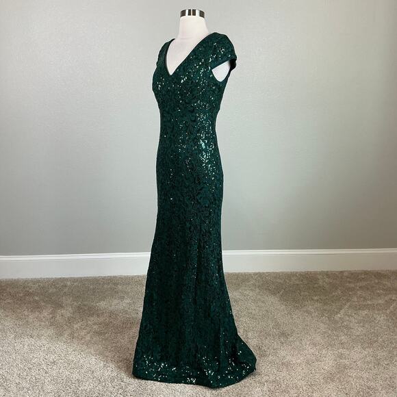 R&M Richards Women's Formal Dress Size 6 Green Sequined Lace Short Sleeve Gown - Picture 4 of 12
